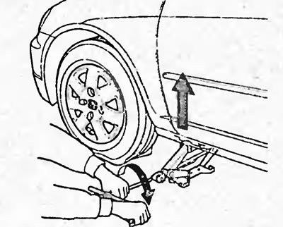 в) Вращая рукоятку домкрата, поднимите автомобиль.