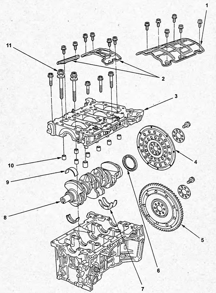 Разборка и сборка блока цилиндров (К20А, этап 1). 1 - маслоуспокоитель (модели без блока…