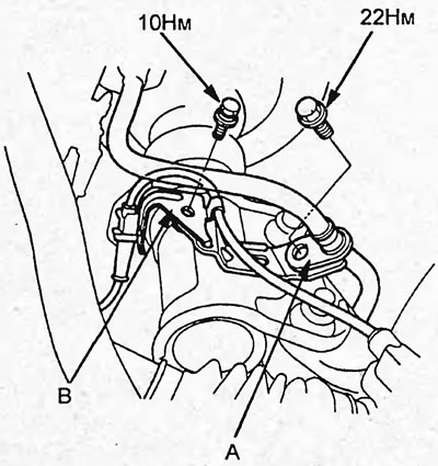 3. Установите кронштейн (В) проводов датчика…