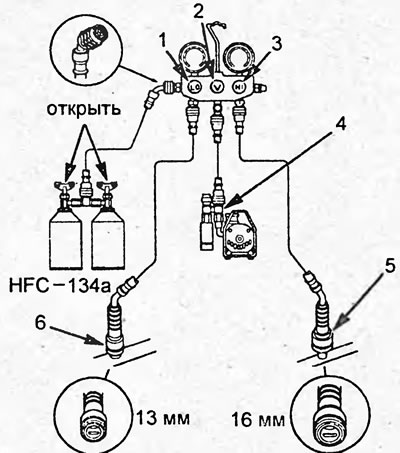 Блок манометров с тремя клапанами. 1 - клапан низкого давления, 2 - центральный клапан, 3 - клапан…