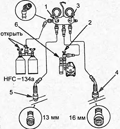 Блок манометров с двумя клапанами. 1 - клапан низкого давления, 2 - центральный клапан, 3 - клапан…