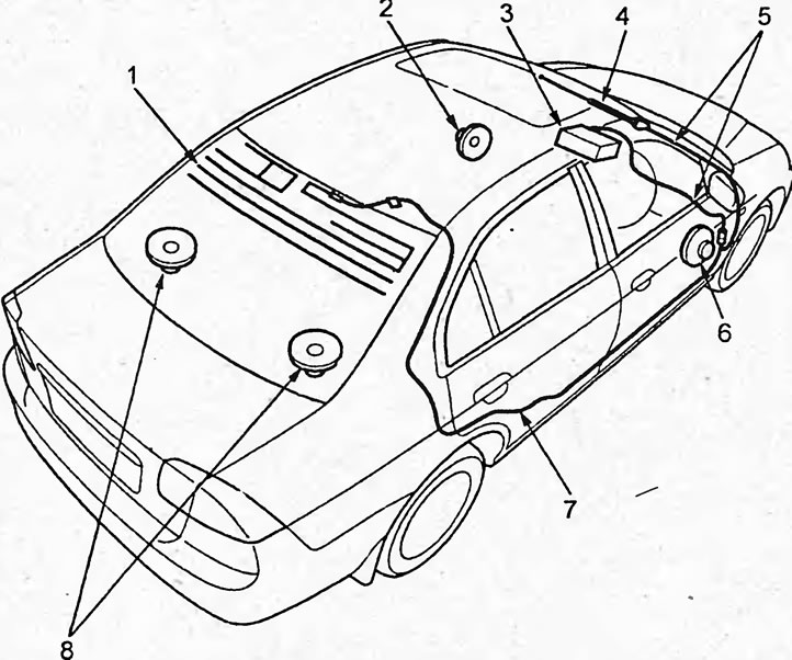Расположение компонентов аудиосистемы (седан). 1…