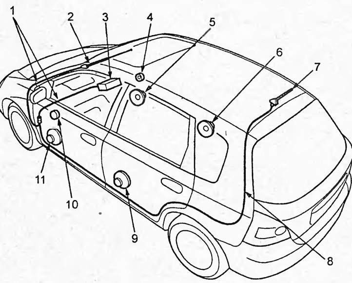 Расположение компонентов аудиосистемы (хэтчбек).…