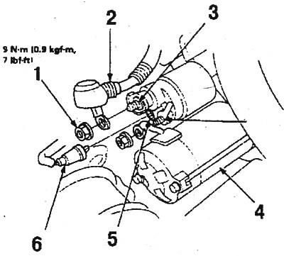 Раздымы і высновы цягавага рэле (CR-V): 1. Гайка вываду У; 2. Сілавы провад стартара; 3. Вывад У;…