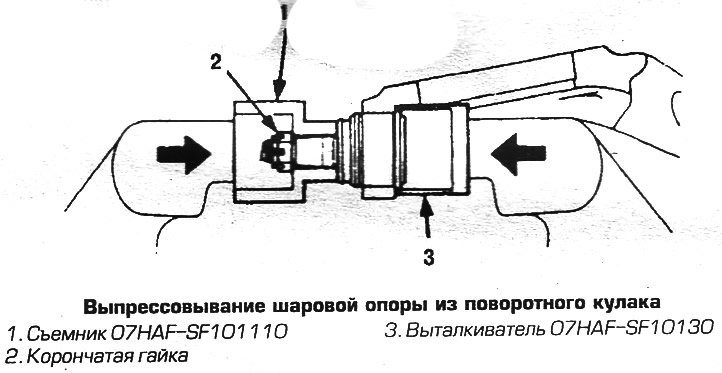 4. Выпрессуйте шаровую опору из кулака съемником…