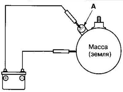 3. Подсоедините аккумулятор, как показано на рисунке. Если ведущая шестерня стартера выдвигается,…