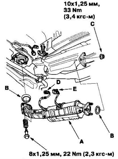 17. Установите нейтрализатор TWC (А) в сборе (двигатели К20А4, К24А1) или выхлопную камеру (А)…