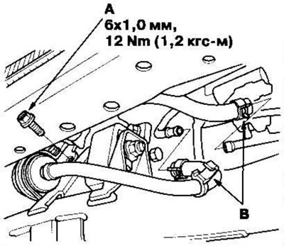 21. Затяните крепежный болт (А) фильтра ATF и подсоедините шланги (В) к охладителю ATF (АКП).
