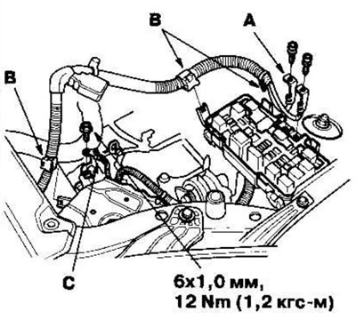 36. Подсоедините кабели аккумулятора (А) к коробке предохранителей/ реле под капотом, затем…