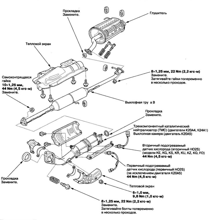 Примечание. При сборке ставьте новые прокладки и самоконтрящиеся гайки.