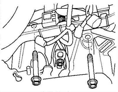 11. Remove both upper transmission mounting bolts.