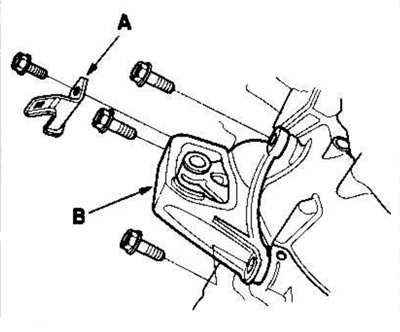 26. Remove the front engine mount (B).