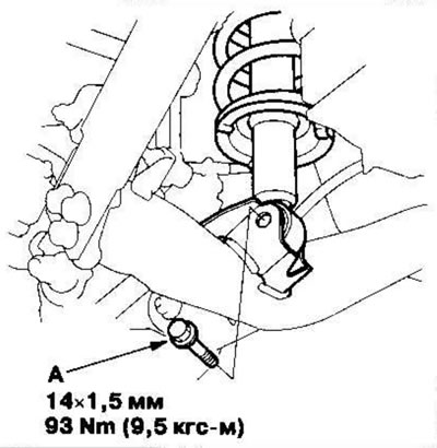 3. Наживите фланцевый болт (А) снизу амортизатора.