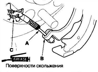 3. Подсоедините трос стояночного тормоза (А) к…