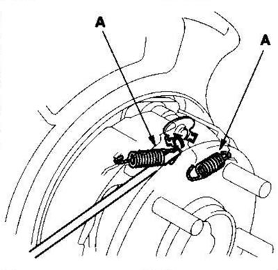 9. Прицепите верхние возвратные пружины (А).