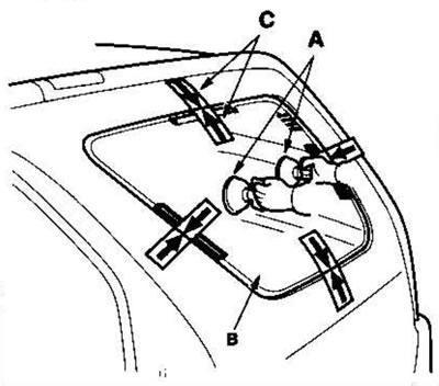 15. Удерживайте стекло малого бокового окна (В)…