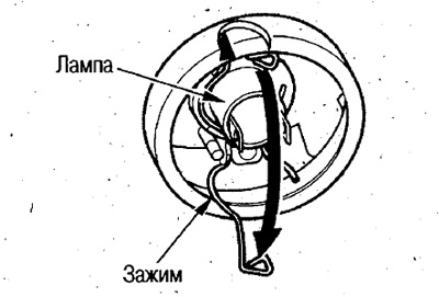 4. Отогните зажим и извлеките лампу.