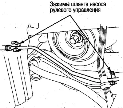 33. Зніміть затискачі шланга рульового насоса.