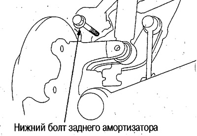 15. Открутите нижний болт заднего амортизатора.