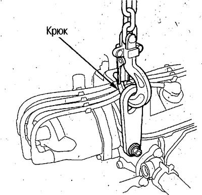 26. Закрепите крюки и поднимите двигатель.