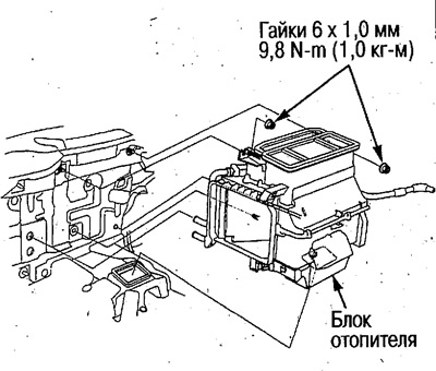 8. Открутите болты и снимите блок отопителя.