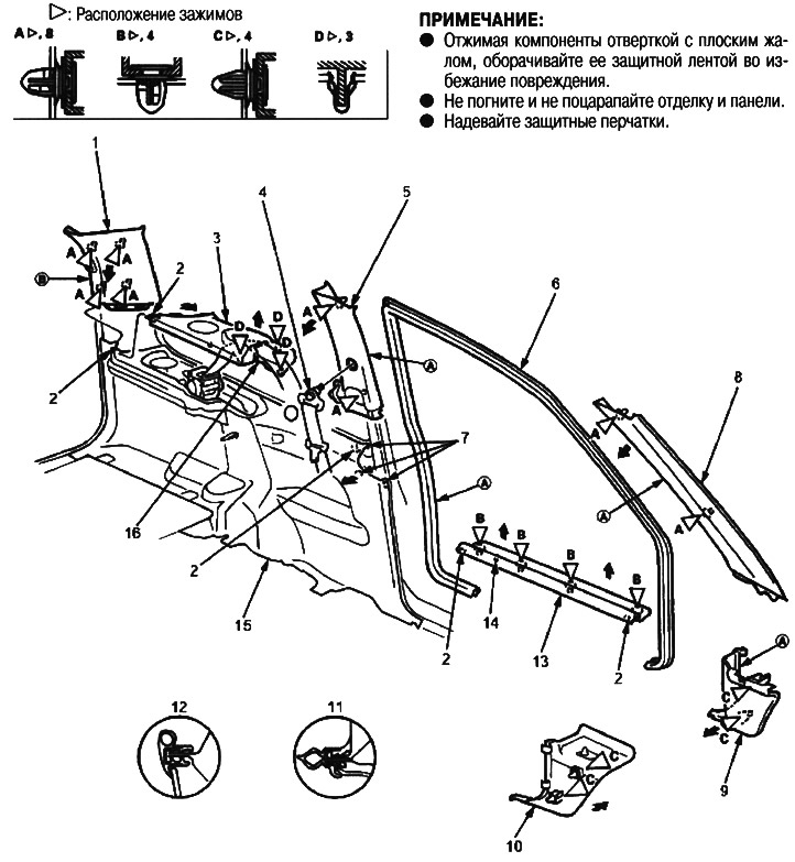 1. тапицерия на задната колона; 2. кука; 3. заден…