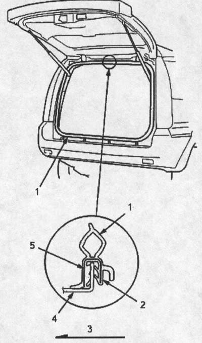 1. уплотнитель задней двери; 2. метка совмещения; 3. изнутри; 4. кузов; 5. стальной сердечник